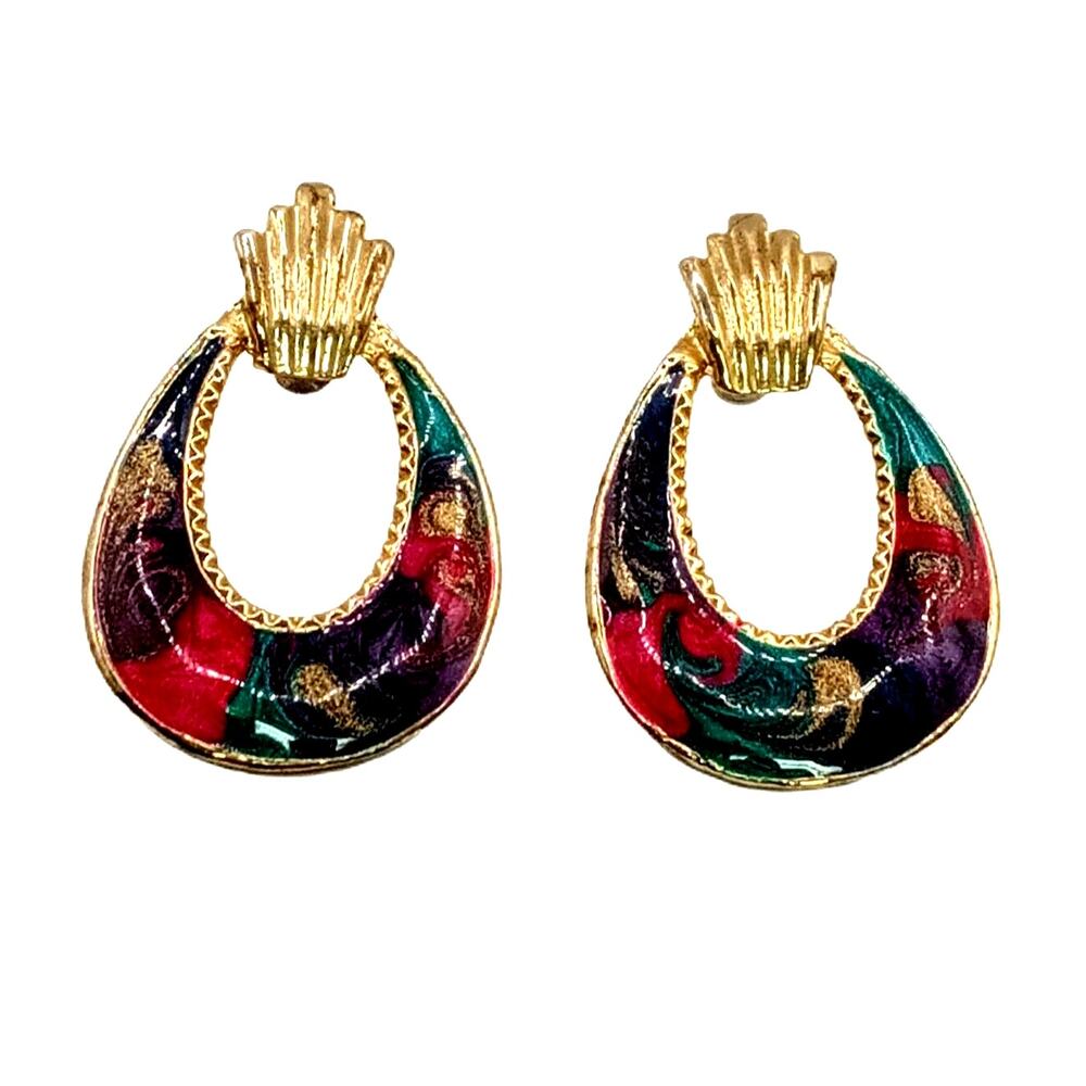 Vintage Swirl Hoop Earrings Teardrop Enamel Gold Tone Multicolor Fashion Jewelry